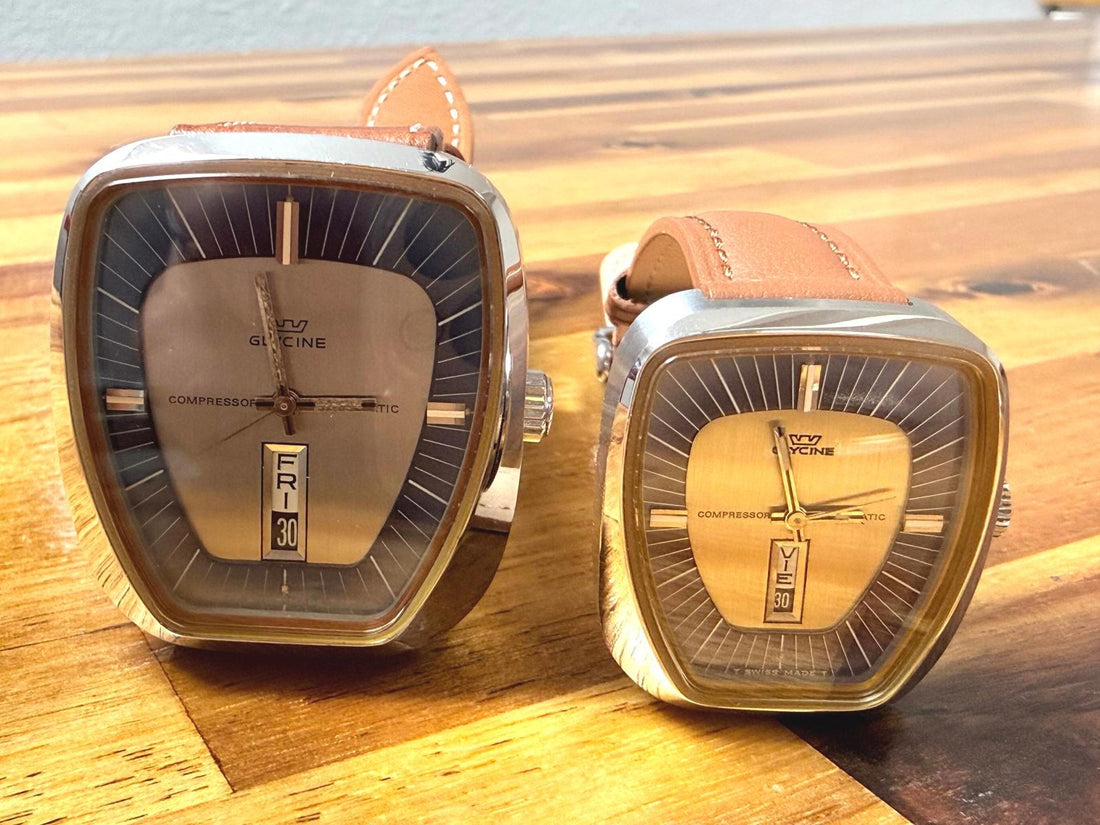Vintage Glycine Compressor Automatic His & Hers Set Blue Dial 36/28mm Swiss