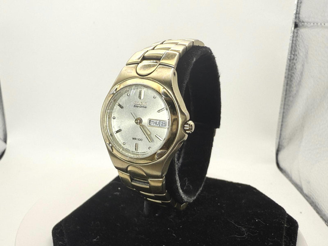 Citizen Eco-Drive Ladies Gold Tone Watch Day Date WR100 E001-K17586 26mm case