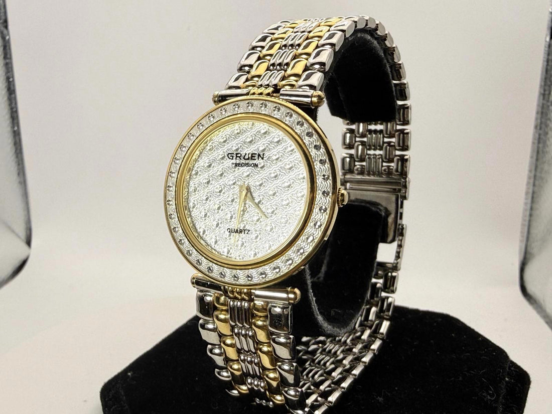 Gruen Precision Ladies Quartz Watch Two Tone Bracelet Crystal Bezel 31mm