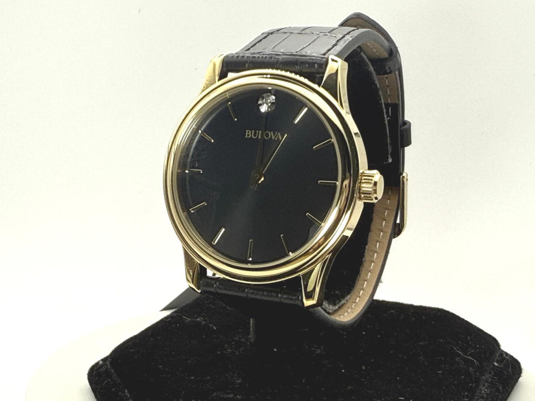 Bulova Gold Tone Dress Watch Black Dial Model 582A03425 New w/ Box