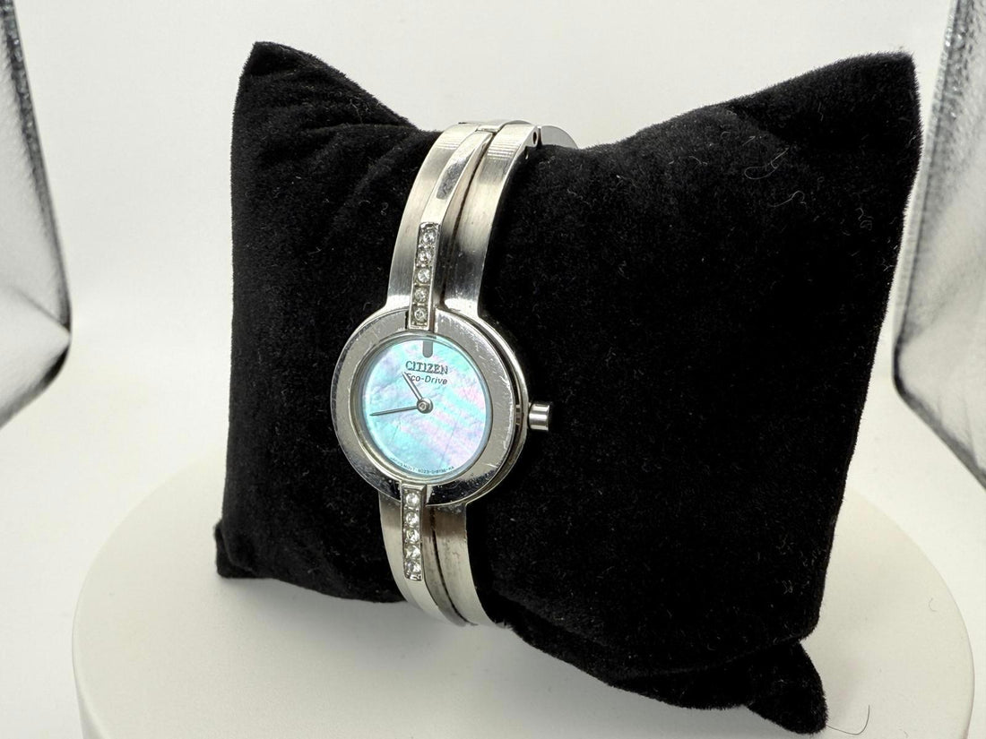 Citizen Eco-Drive Ladies Silver Bangle Watch Mother of Pearl Dial 21mm