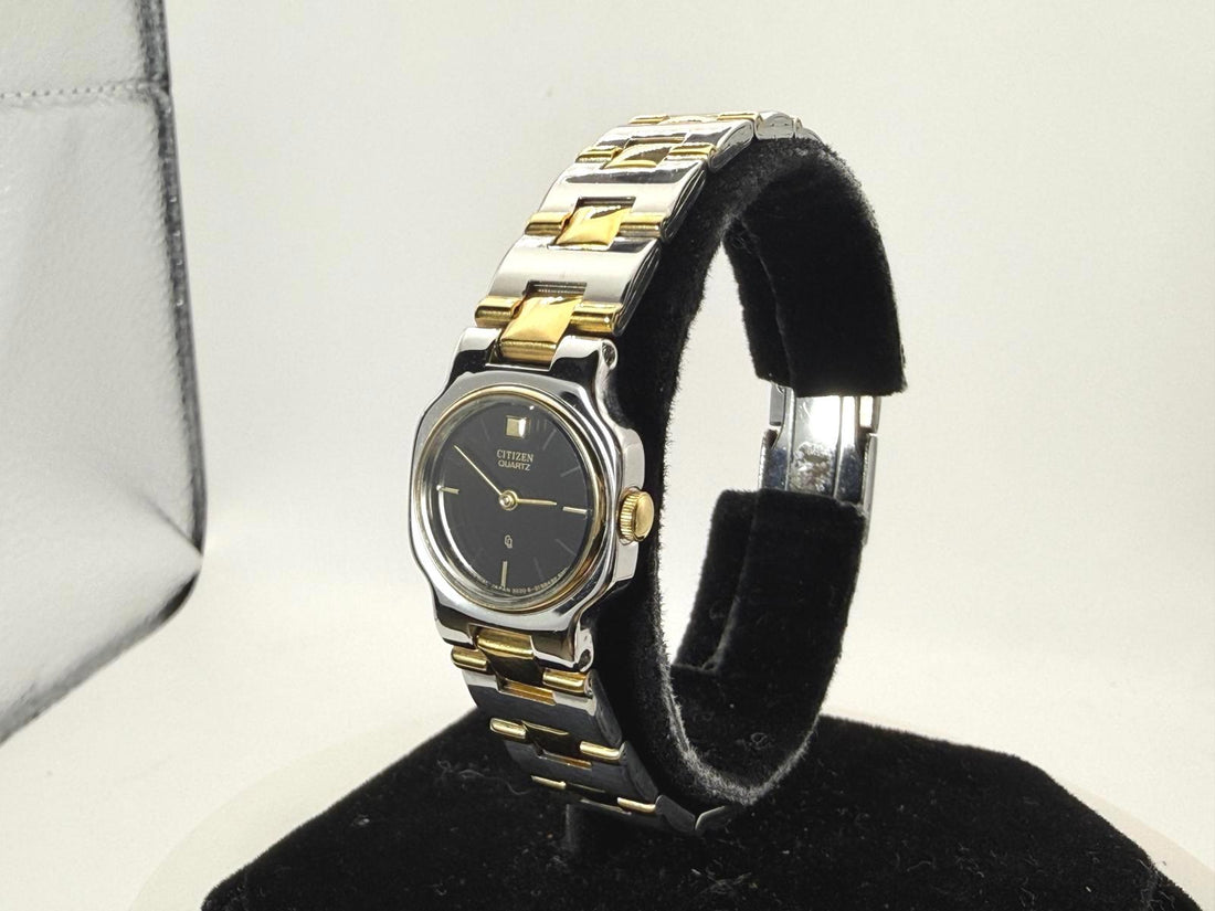 Vintage Citizen Quartz Ladies Watch Two Tone Black Dial 17mm Petite