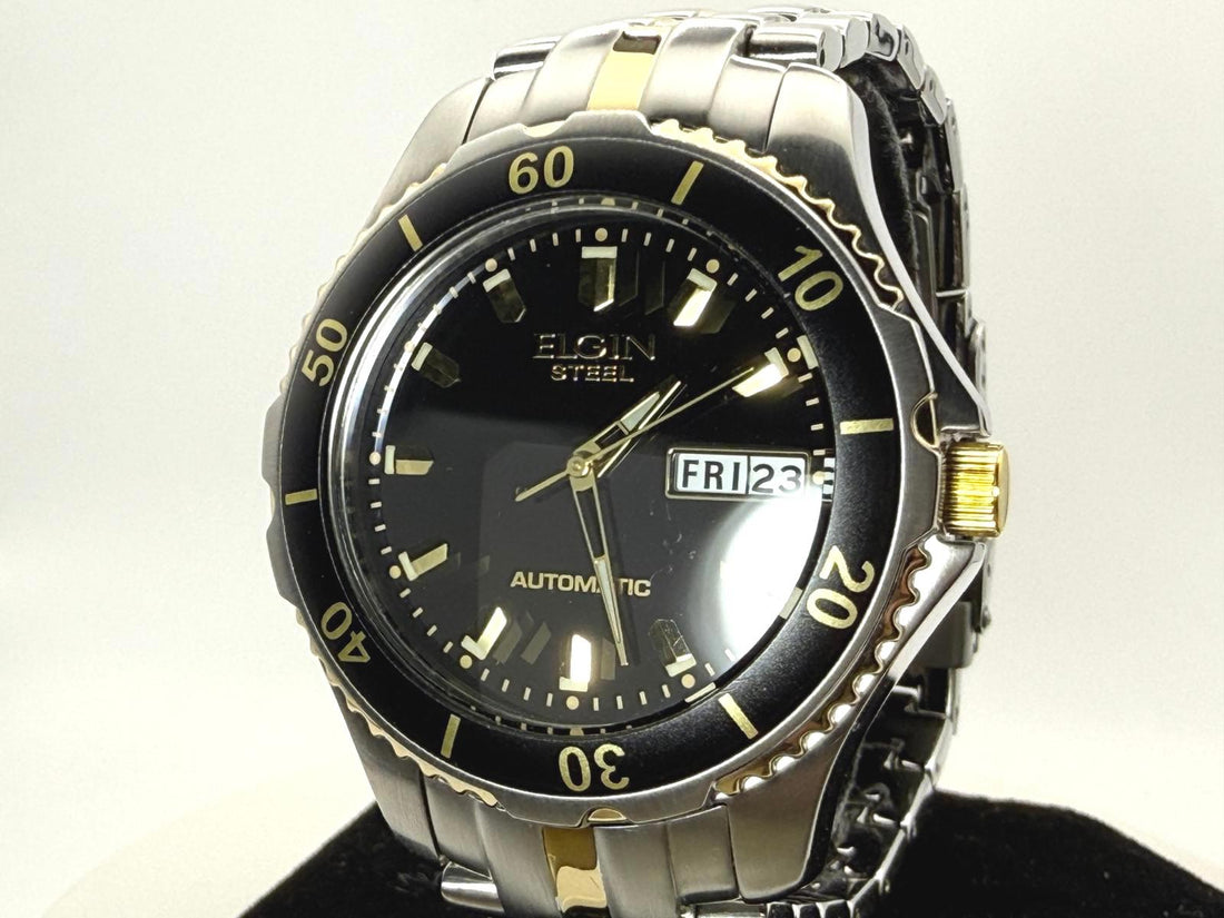 Elgin Automatic Diver 165FT 39mm Day Date Two Tone Black Dial Watch Runs