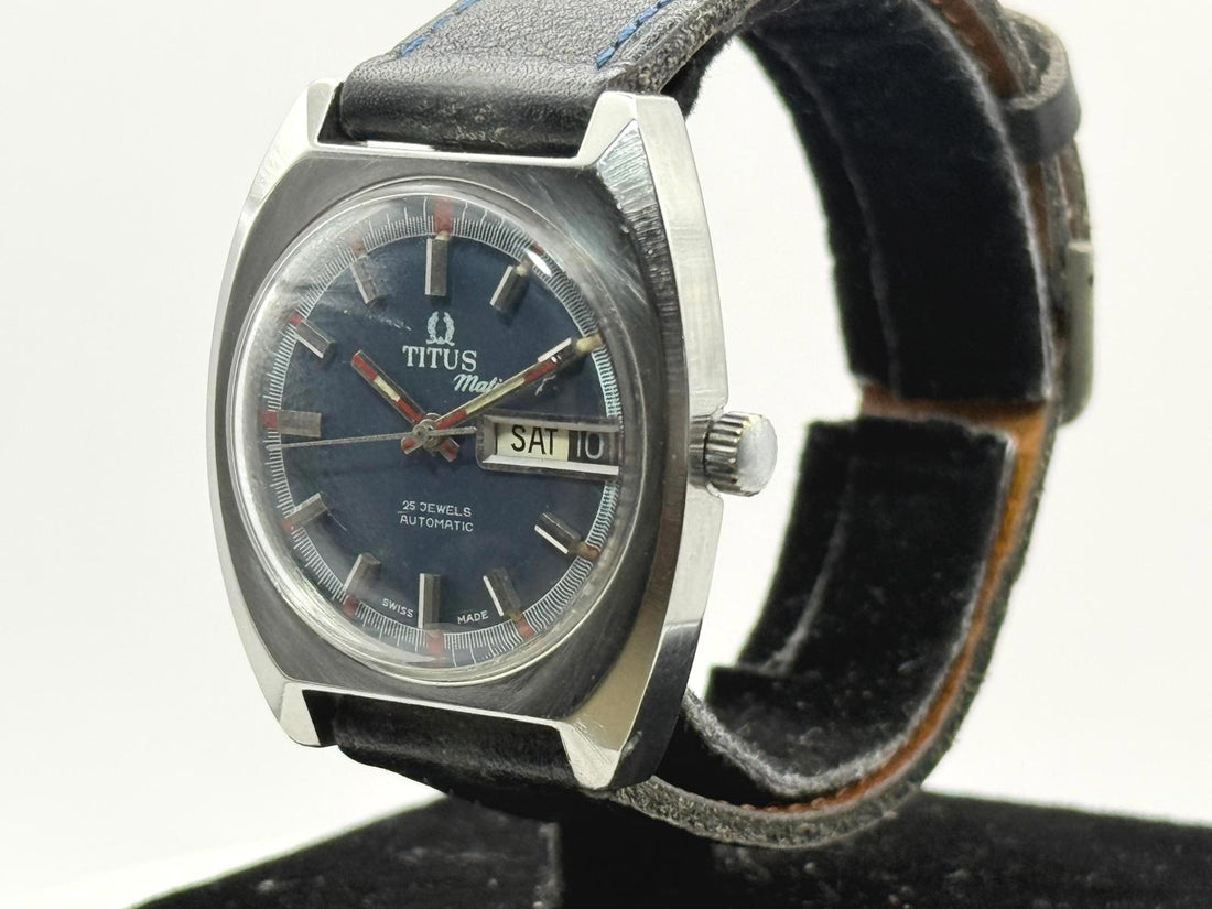 Vintage Titus Matic 8954 Automatic 34mm Blue Dial Day Date Swiss Watch Runs