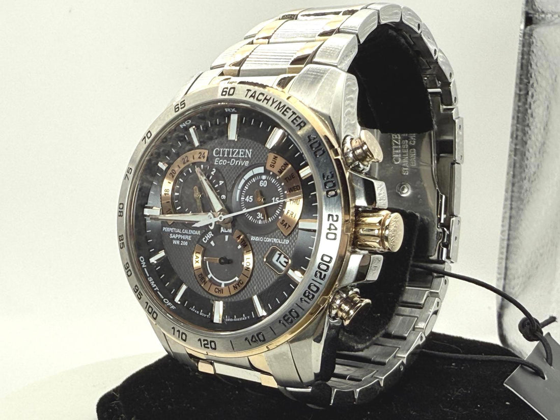 Citizen Eco-Drive Chronograph Tachymeter Two Tone NEW Box Tag AT4109-54E 42mm