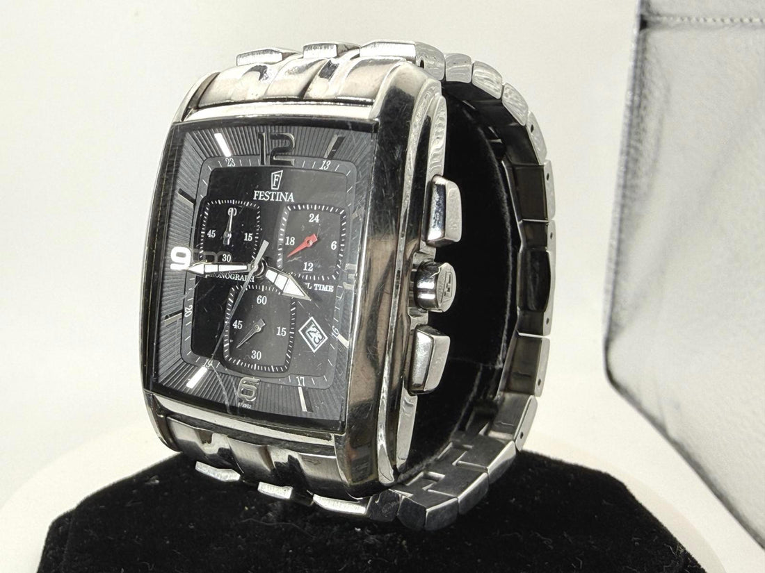 Festina 6729 Chronograph Travel Time Square Watch 34mm Steel Black Dial Date