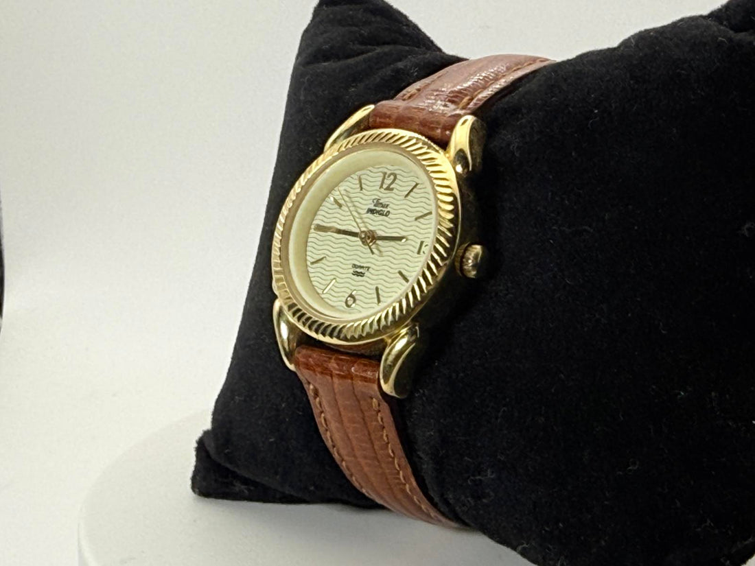 Vintage Timex Ladies Watch 24mm Gold Tone Quartz with Brown Leather Strap
