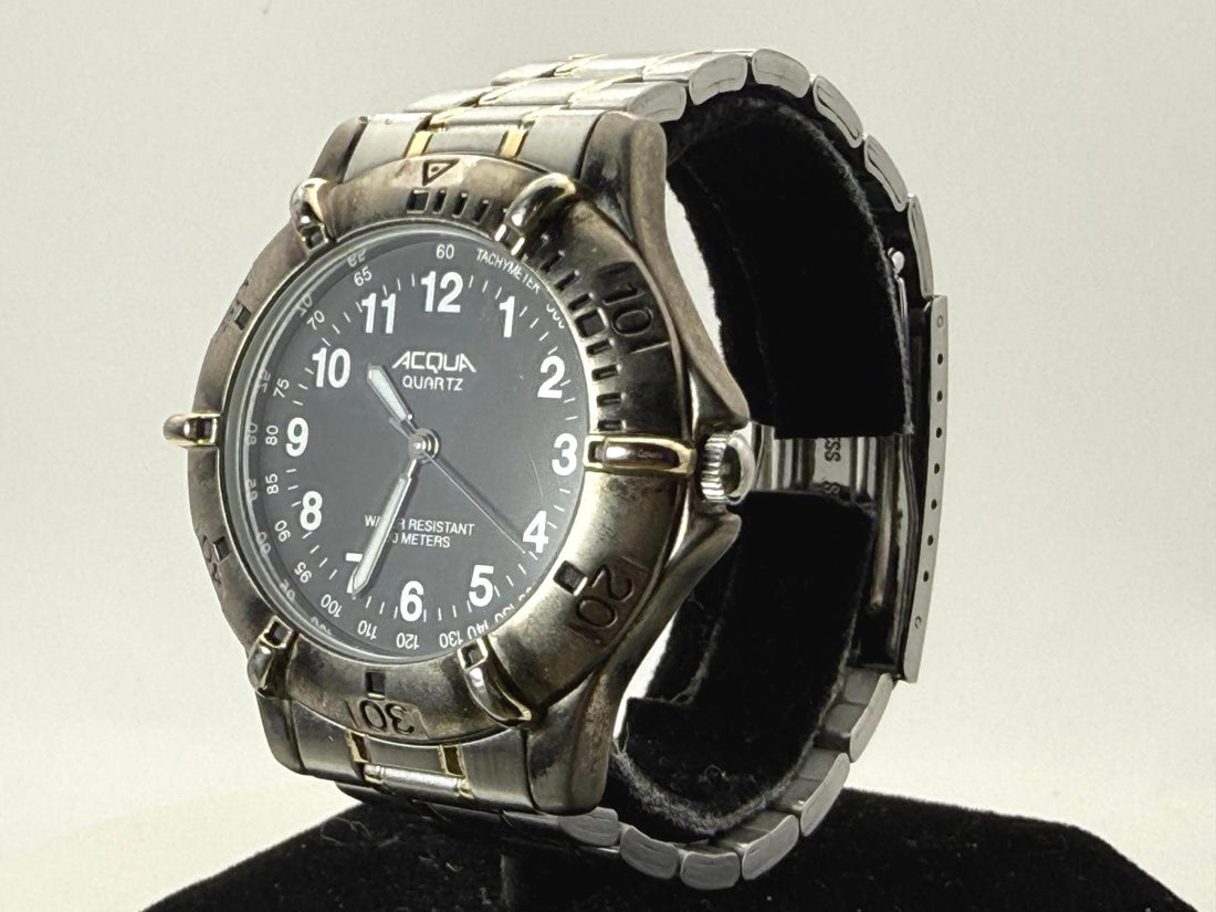 Acqua Quartz Diver Style Watch 38mm Two Tone Steel Black Dial WR 100M Sport