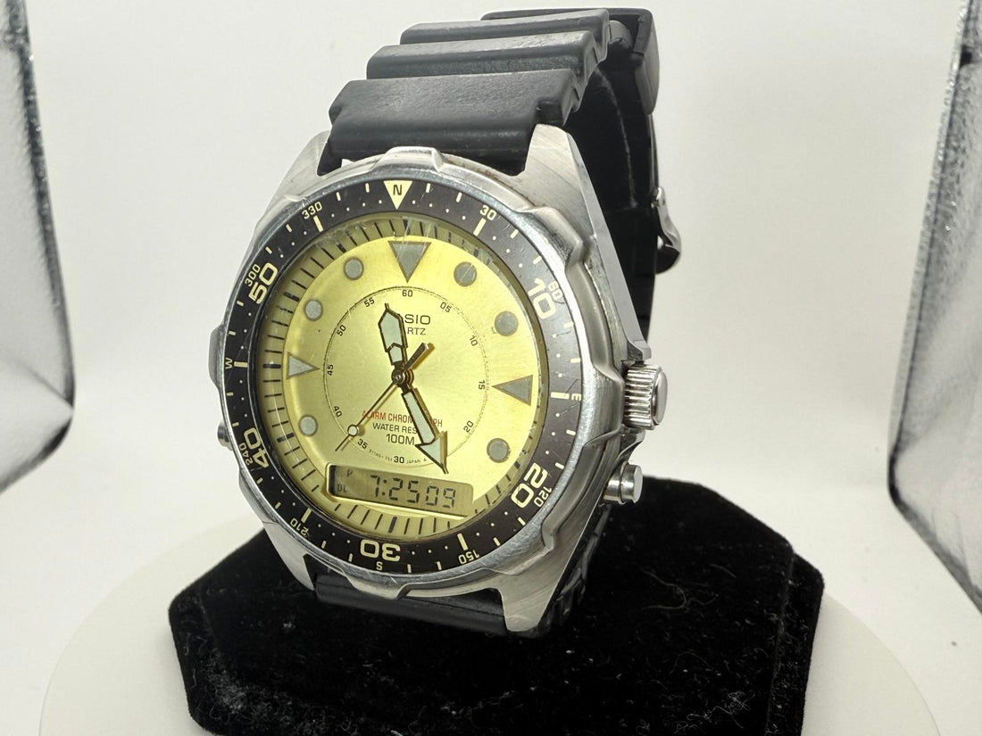 Casio Quartz Ana-Digi Alarm Watch 100M WR Gold Dial Diver Style